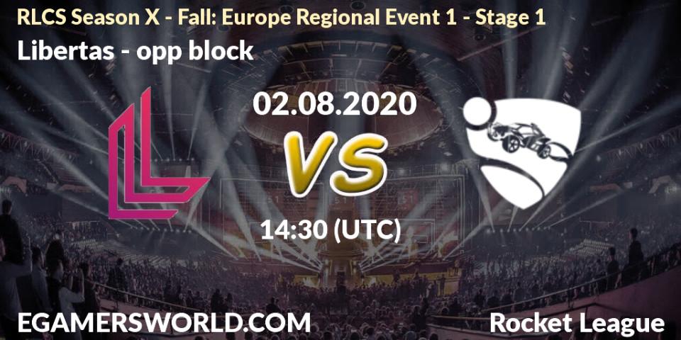 Prognose für das Spiel Libertas VS opp block. 02.08.2020 at 14:30. Rocket League - RLCS Season X - Fall: Europe Regional Event 1 - Stage 1