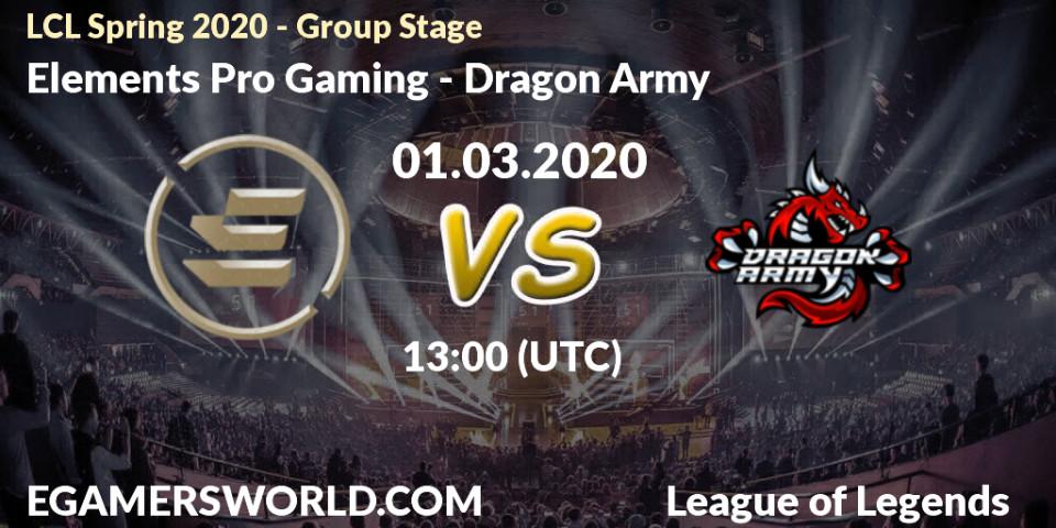 Prognose für das Spiel Elements Pro Gaming VS Dragon Army. 01.03.2020 at 13:00. LoL - LCL Spring 2020 - Group Stage