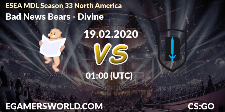 Prognose für das Spiel Bad News Bears VS Divine. 19.02.20. CS2 (CS:GO) - ESEA MDL Season 33 North America