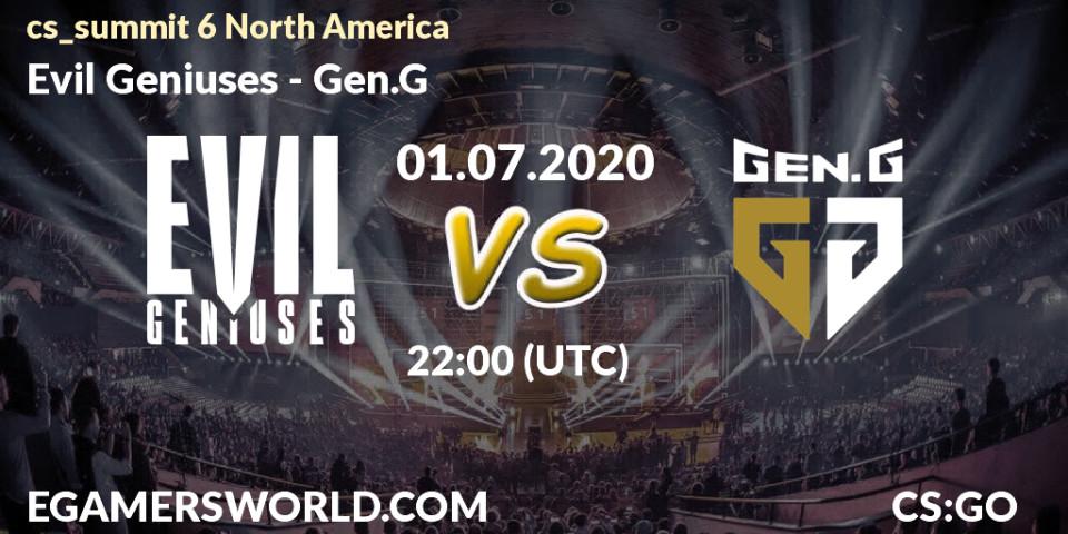 Prognose für das Spiel Evil Geniuses VS Gen.G. 01.07.2020 at 22:00. Counter-Strike (CS2) - cs_summit 6 North America