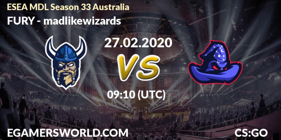Prognose für das Spiel FURY VS madlikewizards. 27.02.20. CS2 (CS:GO) - ESEA MDL Season 33 Australia