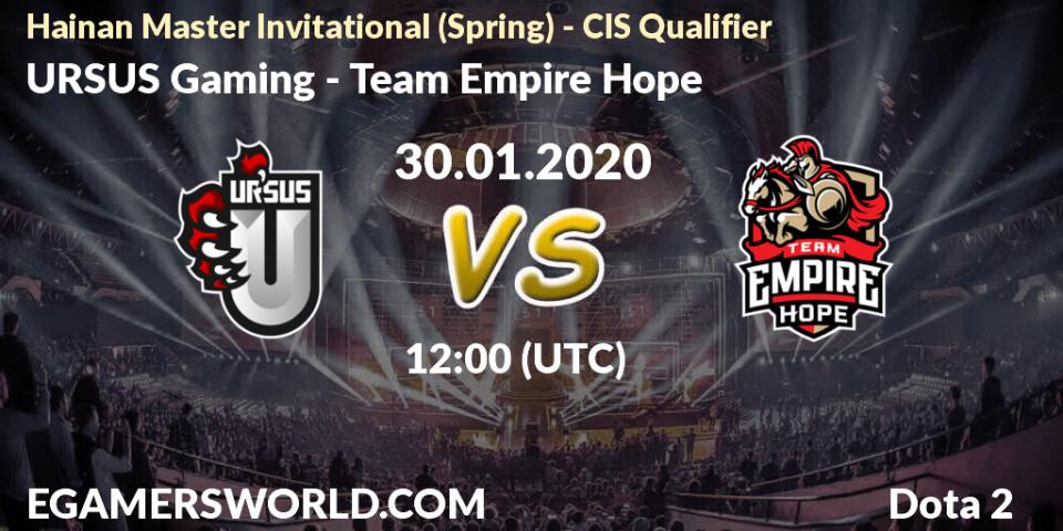 Prognose für das Spiel URSUS Gaming VS Team Empire Hope. 30.01.2020 at 12:02. Dota 2 - Hainan Master Invitational (Spring) - CIS Qualifier