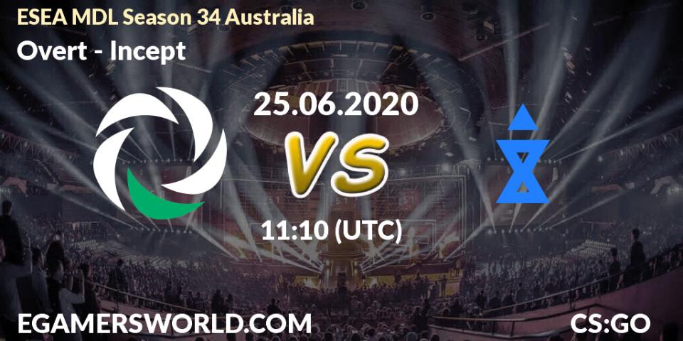 Prognose für das Spiel Overt VS Incept. 25.06.20. CS2 (CS:GO) - ESEA MDL Season 34 Australia