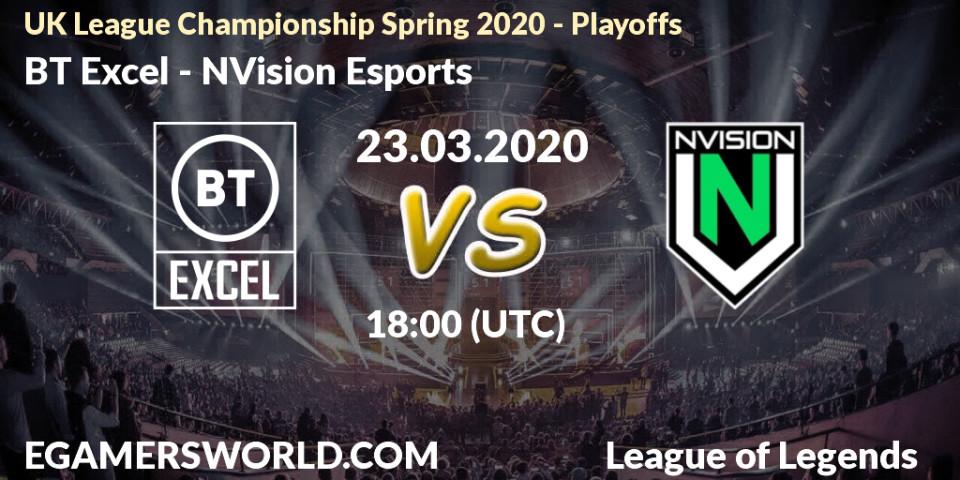 Prognose für das Spiel BT Excel VS NVision Esports. 23.03.2020 at 17:16. LoL - UK League Championship Spring 2020 - Playoffs