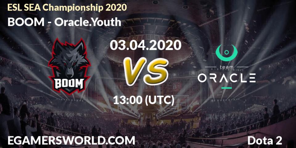 Prognose für das Spiel BOOM VS Oracle.Youth. 03.04.20. Dota 2 - ESL SEA Championship 2020