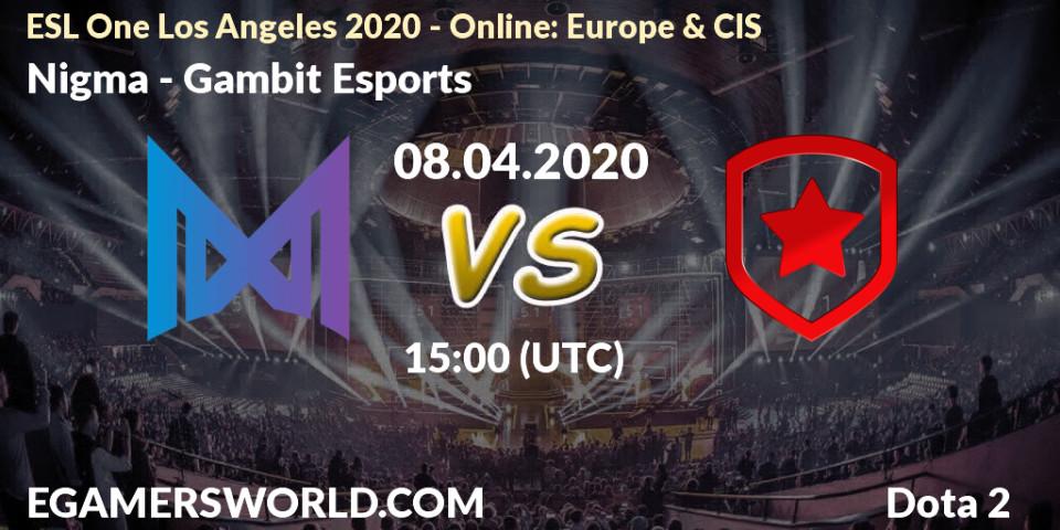 Prognose für das Spiel Nigma VS Gambit Esports. 08.04.20. Dota 2 - ESL One Los Angeles 2020 - Online: Europe & CIS