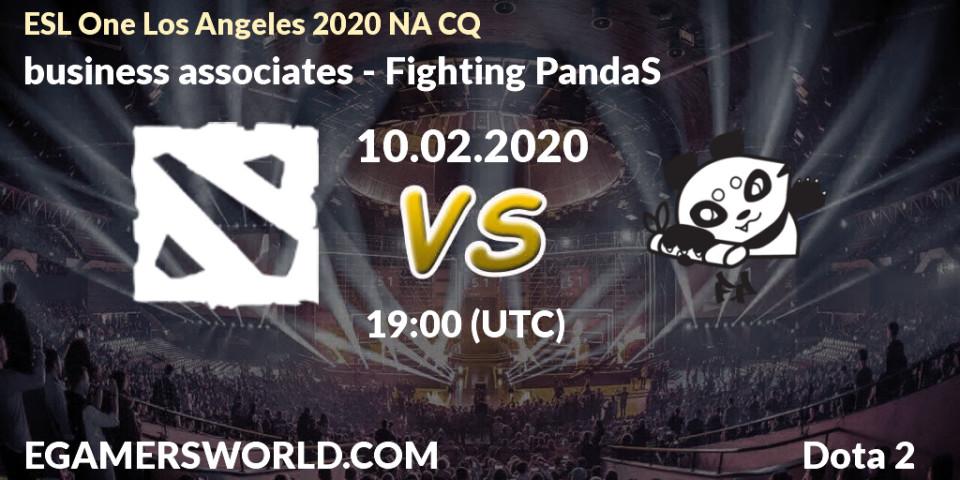 Prognose für das Spiel business associates VS Fighting PandaS. 10.02.20. Dota 2 - ESL One Los Angeles 2020 NA CQ
