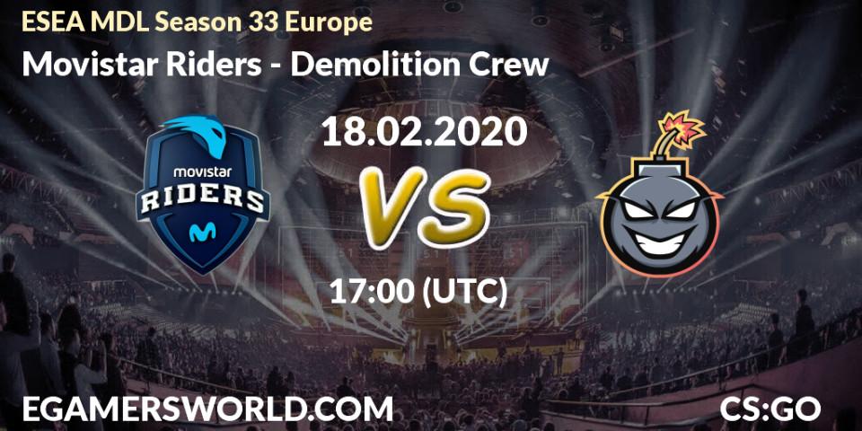 Prognose für das Spiel Movistar Riders VS Demolition Crew. 18.02.20. CS2 (CS:GO) - ESEA MDL Season 33 Europe