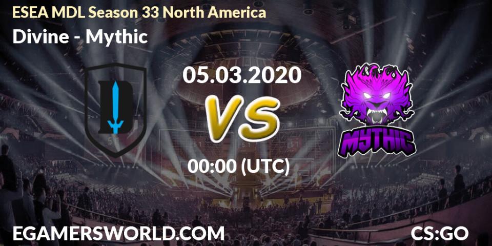 Prognose für das Spiel Divine VS Mythic. 05.03.2020 at 00:10. Counter-Strike (CS2) - ESEA MDL Season 33 North America