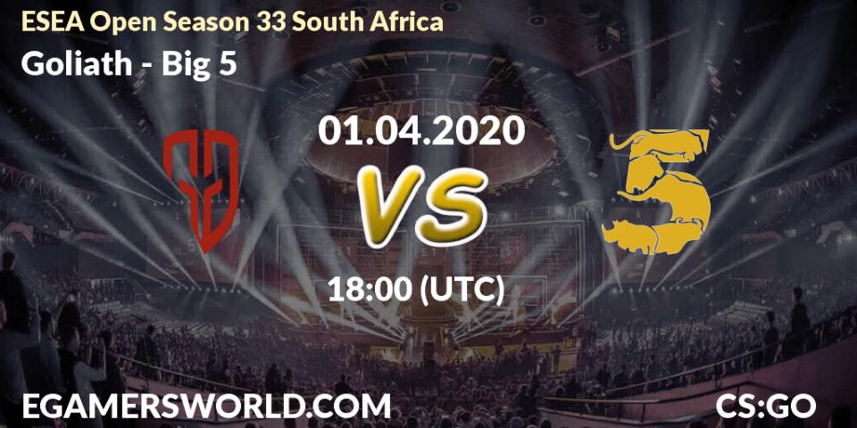 Prognose für das Spiel Goliath VS Big 5. 01.04.2020 at 18:00. Counter-Strike (CS2) - ESEA Open Season 33 South Africa