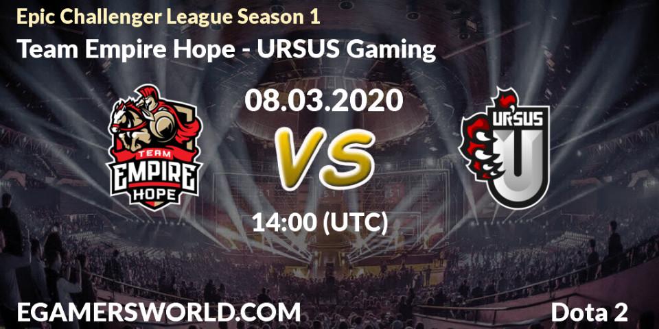 Prognose für das Spiel Team Empire Hope VS URSUS Gaming. 08.03.20. Dota 2 - Epic Challenger League Season 1
