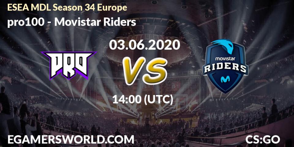 Prognose für das Spiel pro100 VS Movistar Riders. 03.06.20. CS2 (CS:GO) - ESEA MDL Season 34 Europe