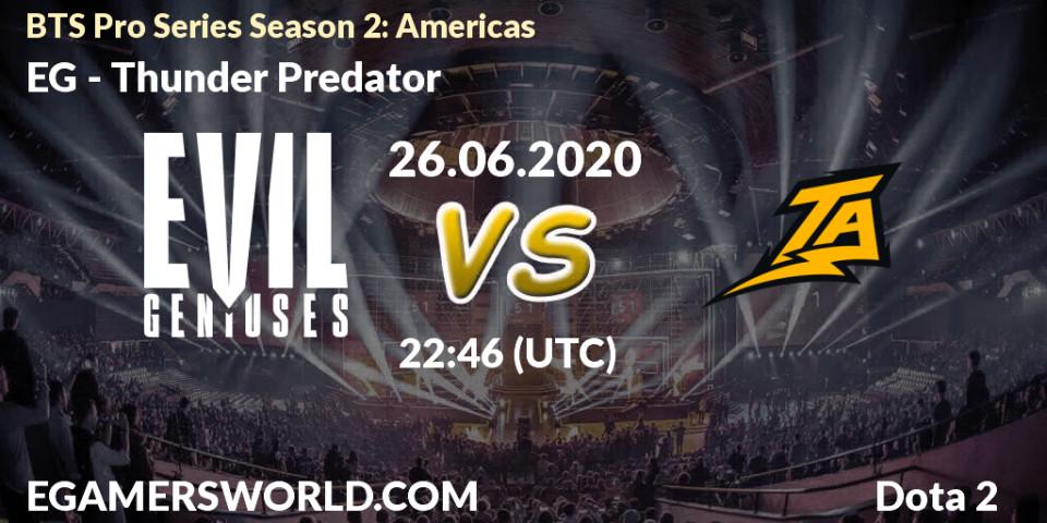 Prognose für das Spiel EG VS Thunder Predator. 26.06.2020 at 22:46. Dota 2 - BTS Pro Series Season 2: Americas