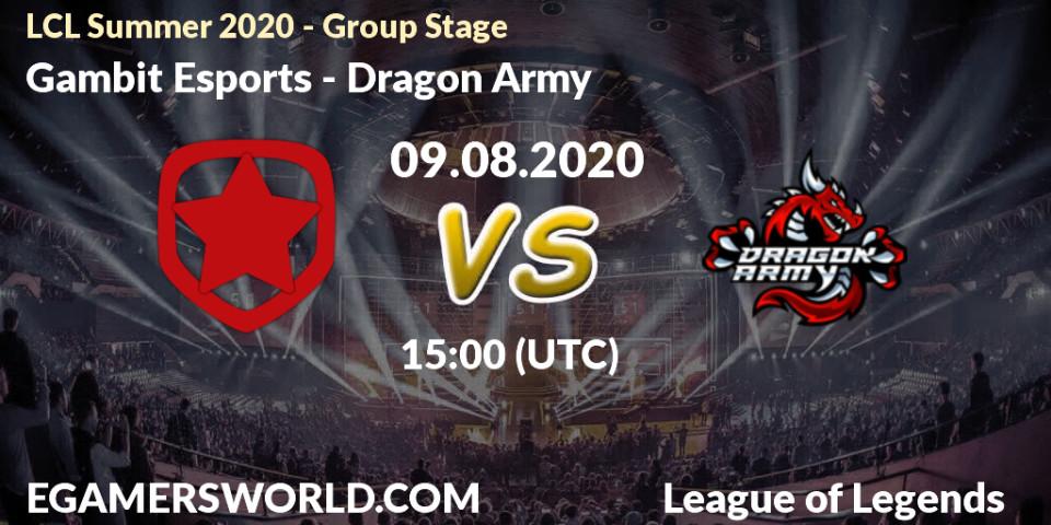 Prognose für das Spiel Gambit Esports VS Dragon Army. 09.08.2020 at 15:15. LoL - LCL Summer 2020 - Group Stage