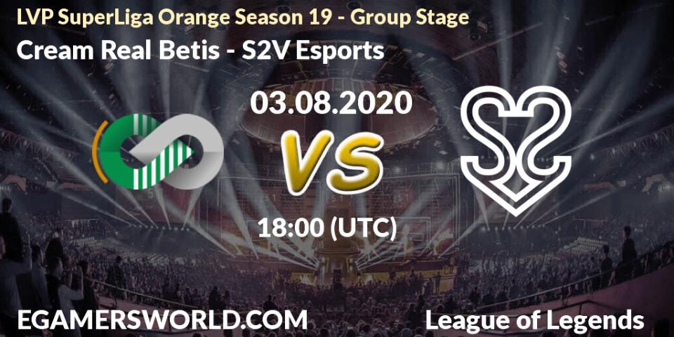 Prognose für das Spiel Cream Real Betis VS S2V Esports. 05.08.2020 at 19:55. LoL - LVP SuperLiga Orange Season 19 - Group Stage