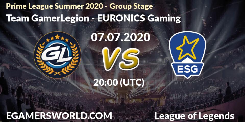Prognose für das Spiel Team GamerLegion VS EURONICS Gaming. 07.07.20. LoL - Prime League Summer 2020 - Group Stage