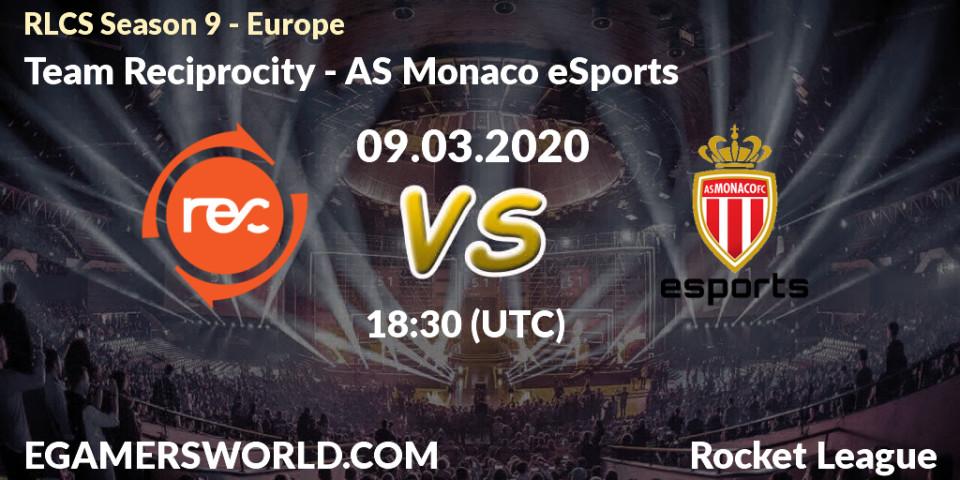 Prognose für das Spiel Team Reciprocity VS AS Monaco eSports. 09.03.20. Rocket League - RLCS Season 9 - Europe