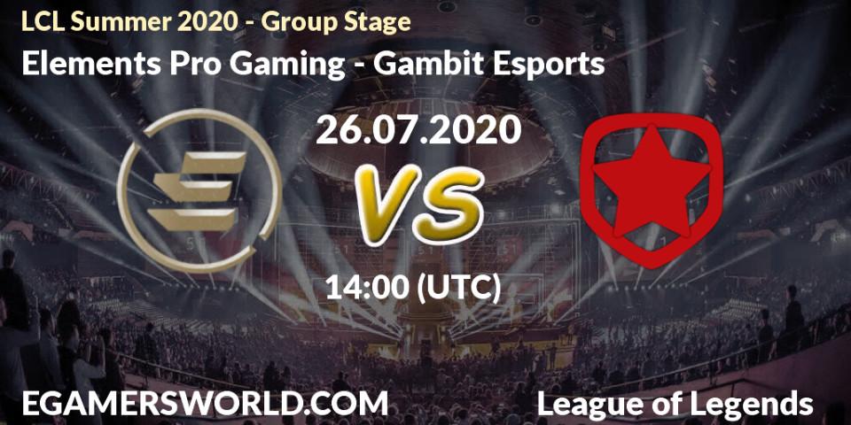 Prognose für das Spiel Elements Pro Gaming VS Gambit Esports. 26.07.20. LoL - LCL Summer 2020 - Group Stage