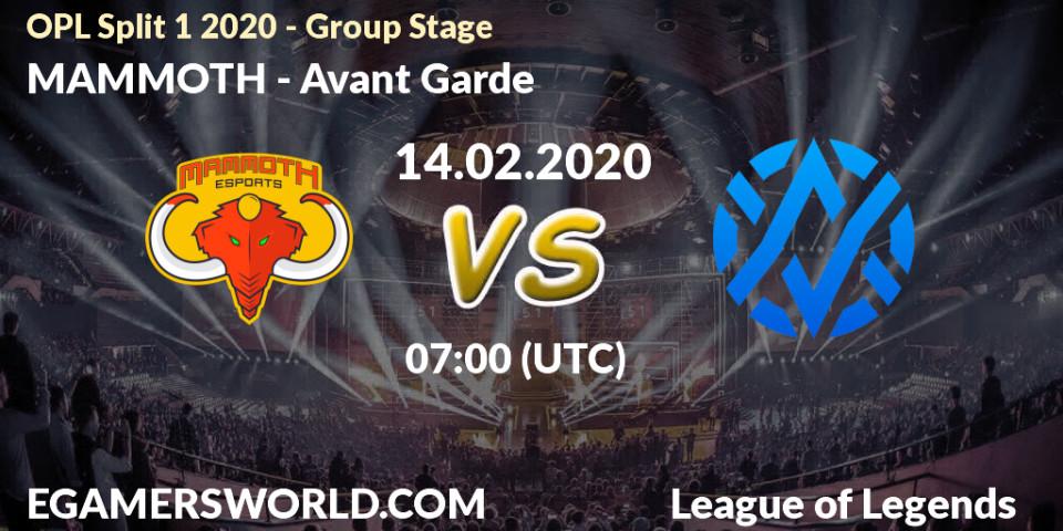 Prognose für das Spiel MAMMOTH VS Avant Garde. 14.02.2020 at 07:15. LoL - OPL Split 1 2020 - Group Stage