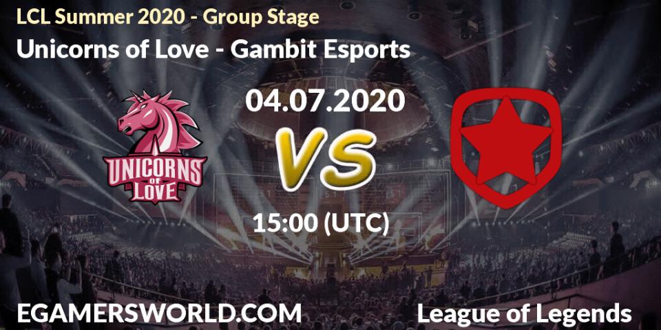 Prognose für das Spiel Unicorns of Love VS Gambit Esports. 04.07.2020 at 15:00. LoL - LCL Summer 2020 - Group Stage