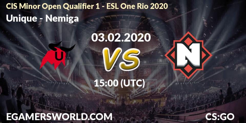Prognose für das Spiel Unique VS Nemiga. 03.02.20. CS2 (CS:GO) - CIS Minor Open Qualifier 1 - ESL One Rio 2020