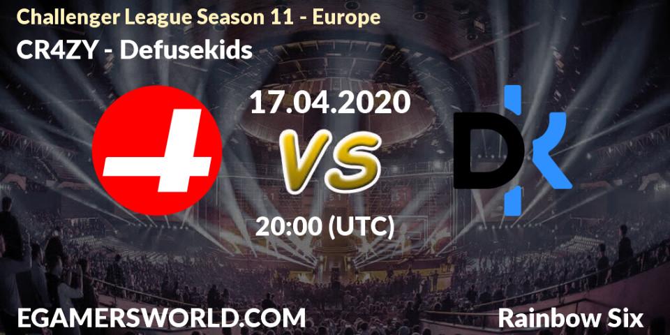 Prognose für das Spiel CR4ZY VS Defusekids. 17.04.2020 at 20:00. Rainbow Six - Challenger League Season 11 - Europe