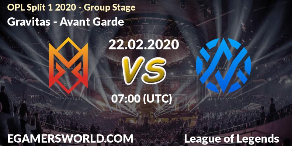 Prognose für das Spiel Gravitas VS Avant Garde. 22.02.2020 at 07:00. LoL - OPL Split 1 2020 - Group Stage