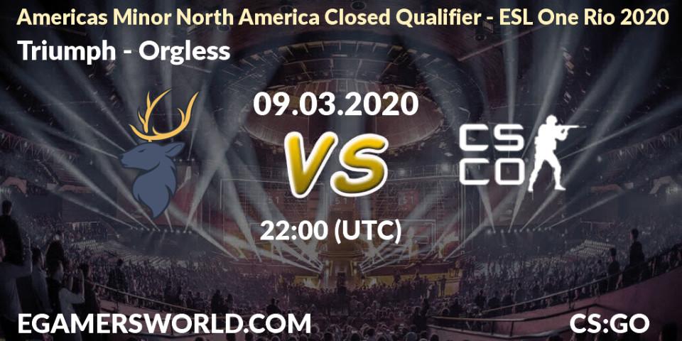 Prognose für das Spiel Triumph VS Orgless. 09.03.2020 at 22:00. Counter-Strike (CS2) - Americas Minor North America Closed Qualifier - ESL One Rio 2020
