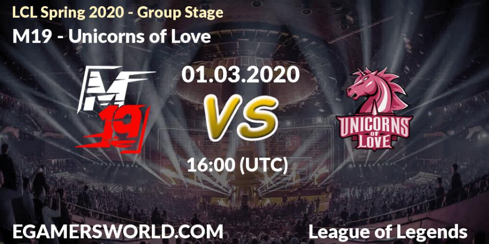 Prognose für das Spiel M19 VS Unicorns of Love. 01.03.20. LoL - LCL Spring 2020 - Group Stage