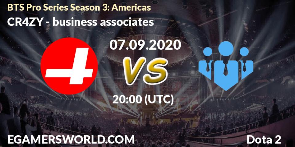 Prognose für das Spiel CR4ZY VS business associates. 07.09.20. Dota 2 - BTS Pro Series Season 3: Americas