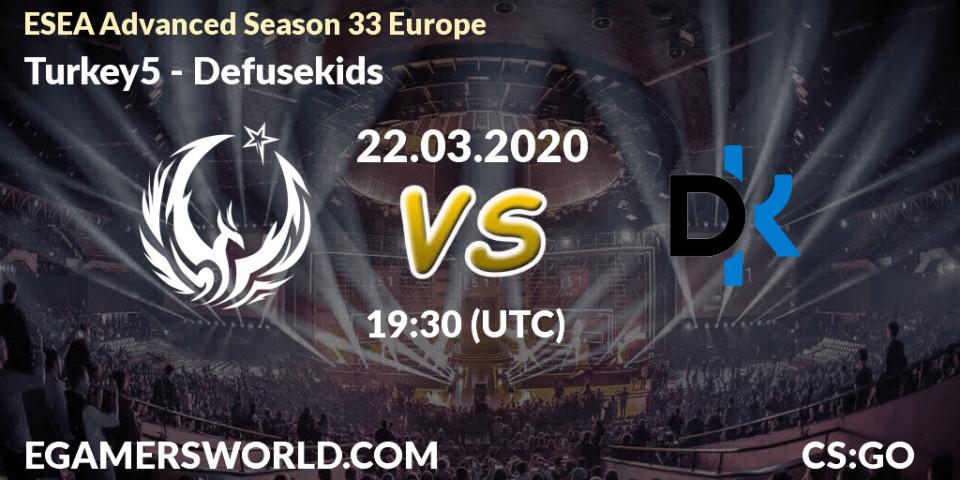 Prognose für das Spiel Turkey5 VS Defusekids. 22.03.20. CS2 (CS:GO) - ESEA Advanced Season 33 Europe