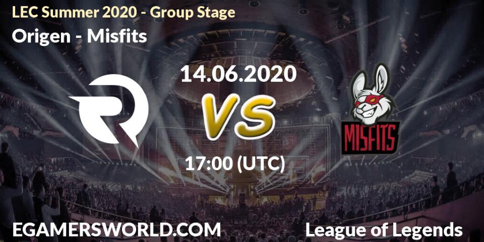 Prognose für das Spiel Origen VS Misfits. 14.06.20. LoL - LEC Summer 2020 - Group Stage