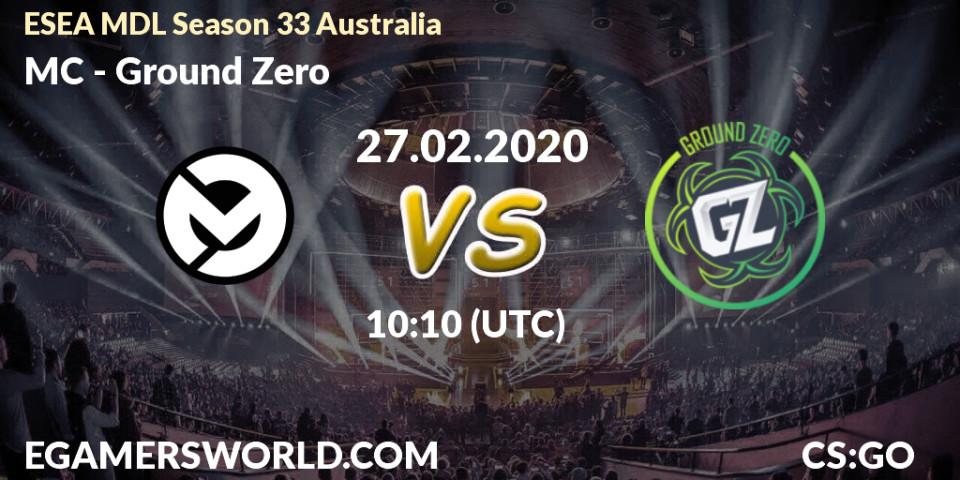 Prognose für das Spiel MC VS Ground Zero. 27.02.20. CS2 (CS:GO) - ESEA MDL Season 33 Australia