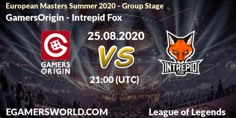 Prognose für das Spiel GamersOrigin VS Intrepid Fox. 25.08.2020 at 21:00. LoL - European Masters Summer 2020 - Group Stage