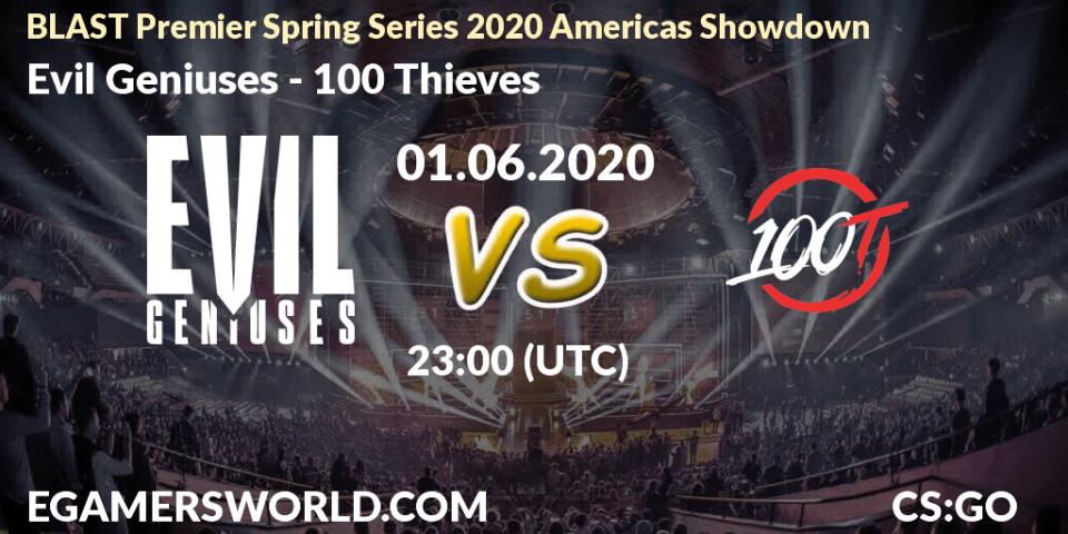 Prognose für das Spiel Evil Geniuses VS 100 Thieves. 01.06.2020 at 23:10. Counter-Strike (CS2) - BLAST Premier Spring Series 2020 Americas Showdown 