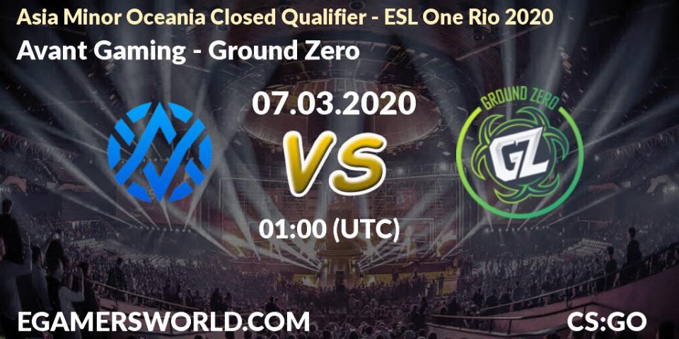 Prognose für das Spiel Avant Gaming VS Ground Zero. 07.03.2020 at 01:00. Counter-Strike (CS2) - Asia Minor Oceania Closed Qualifier - ESL One Rio 2020