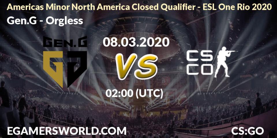 Prognose für das Spiel Gen.G VS Orgless. 08.03.2020 at 02:10. Counter-Strike (CS2) - Americas Minor North America Closed Qualifier - ESL One Rio 2020