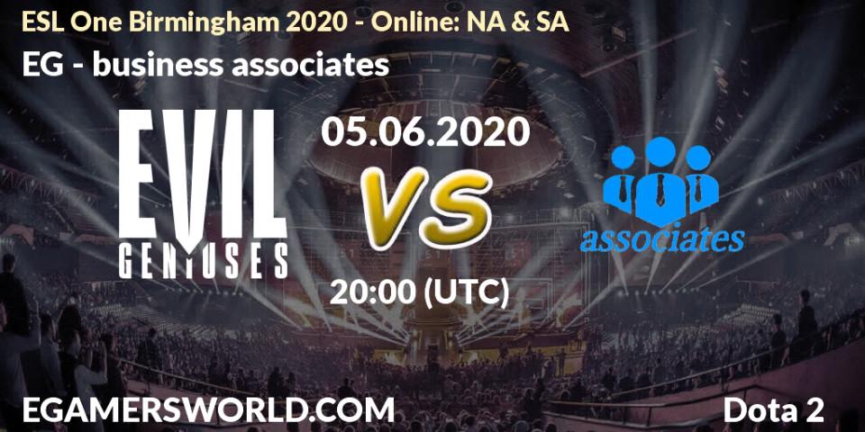 Prognose für das Spiel EG VS business associates. 05.06.20. Dota 2 - ESL One Birmingham 2020 - Online: NA & SA