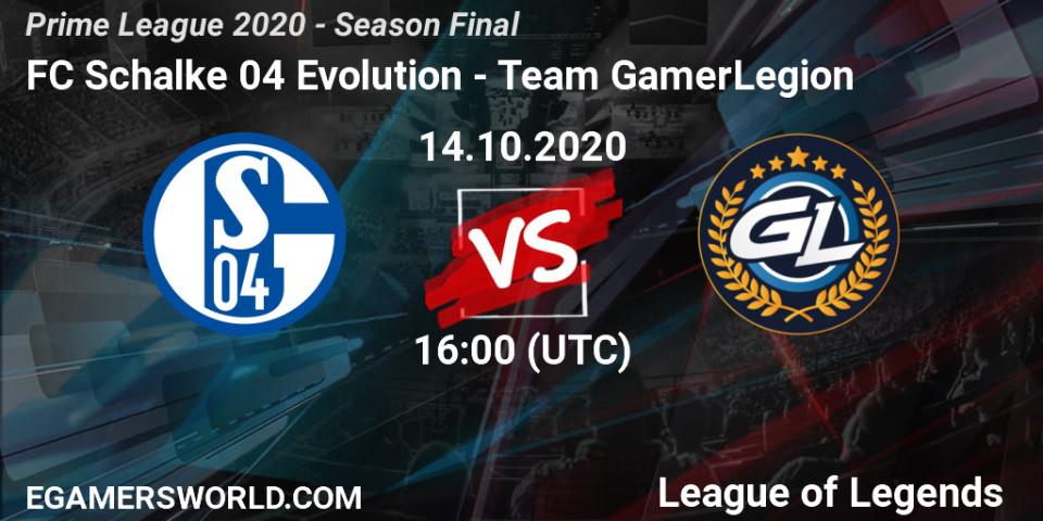 Prognose für das Spiel FC Schalke 04 Evolution VS Team GamerLegion. 14.10.2020 at 17:07. LoL - Prime League 2020 - Season Final