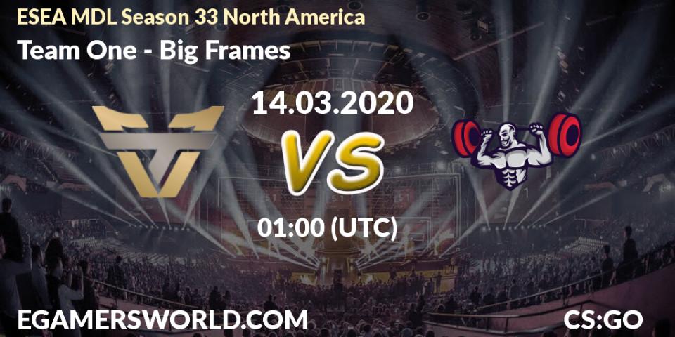 Prognose für das Spiel Team One VS Big Frames. 15.03.2020 at 01:15. Counter-Strike (CS2) - ESEA MDL Season 33 North America
