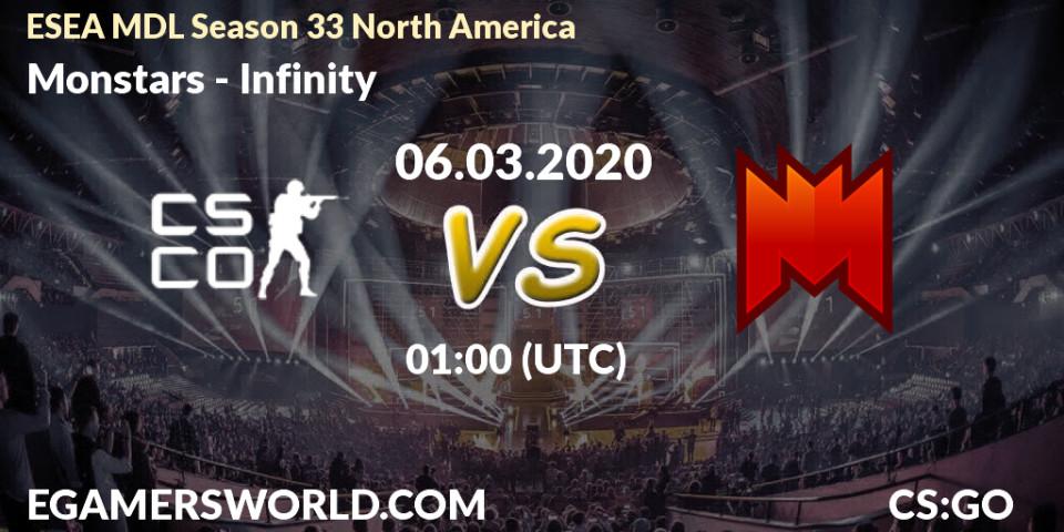 Prognose für das Spiel Monstars VS Infinity. 06.03.2020 at 01:05. Counter-Strike (CS2) - ESEA MDL Season 33 North America