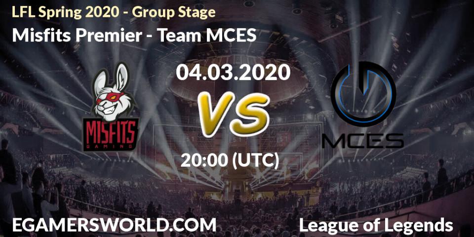 Prognose für das Spiel Misfits Premier VS Team MCES. 04.03.2020 at 20:00. LoL - LFL Spring 2020 - Group Stage