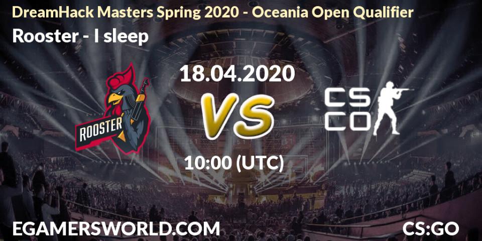 Prognose für das Spiel Rooster VS I sleep. 17.04.2020 at 10:10. Counter-Strike (CS2) - DreamHack Masters Spring 2020 - Oceania Open Qualifier