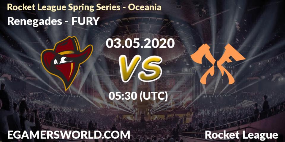 Prognose für das Spiel Renegades VS FURY. 03.05.2020 at 05:30. Rocket League - Rocket League Spring Series - Oceania