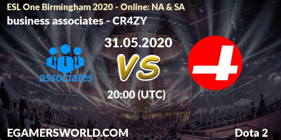 Prognose für das Spiel business associates VS CR4ZY. 31.05.2020 at 21:12. Dota 2 - ESL One Birmingham 2020 - Online: NA & SA