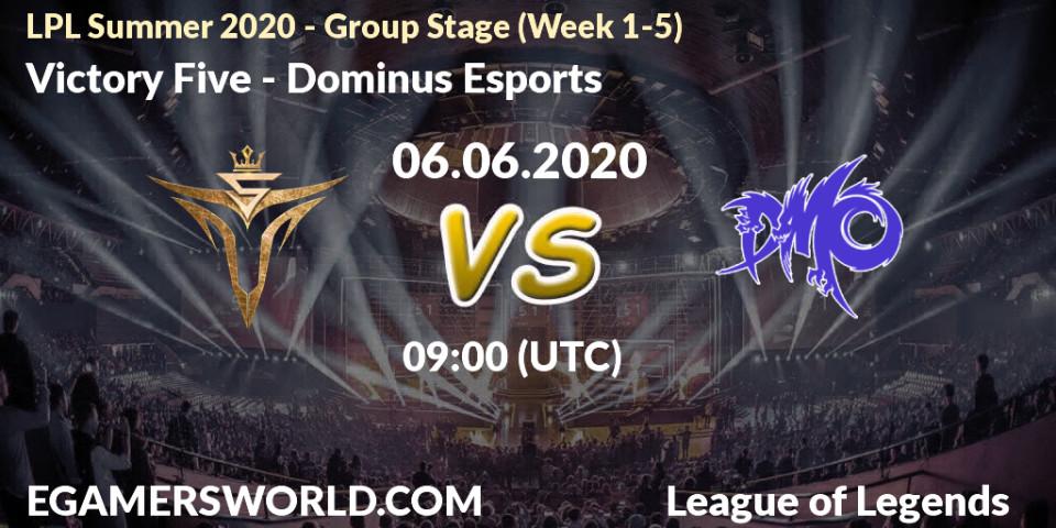 Prognose für das Spiel Victory Five VS Dominus Esports. 06.06.2020 at 09:14. LoL - LPL Summer 2020 - Group Stage (Week 1-5)