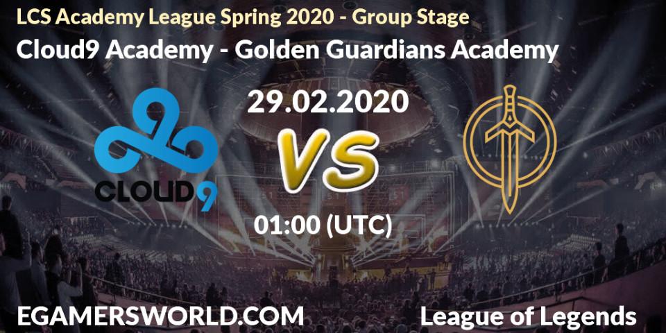 Prognose für das Spiel Cloud9 Academy VS Golden Guardians Academy. 29.02.2020 at 01:00. LoL - LCS Academy League Spring 2020 - Group Stage