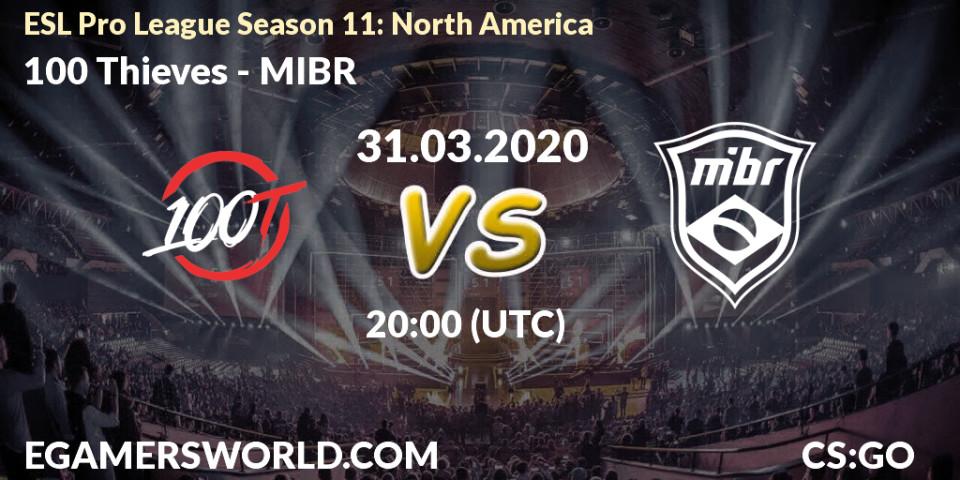 Prognose für das Spiel 100 Thieves VS MIBR. 31.03.2020 at 20:00. Counter-Strike (CS2) - ESL Pro League Season 11: North America