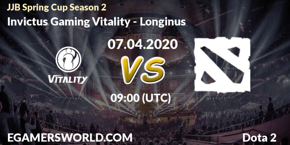 Prognose für das Spiel Invictus Gaming Vitality VS Longinus. 07.04.20. Dota 2 - JJB Spring Cup Season 2