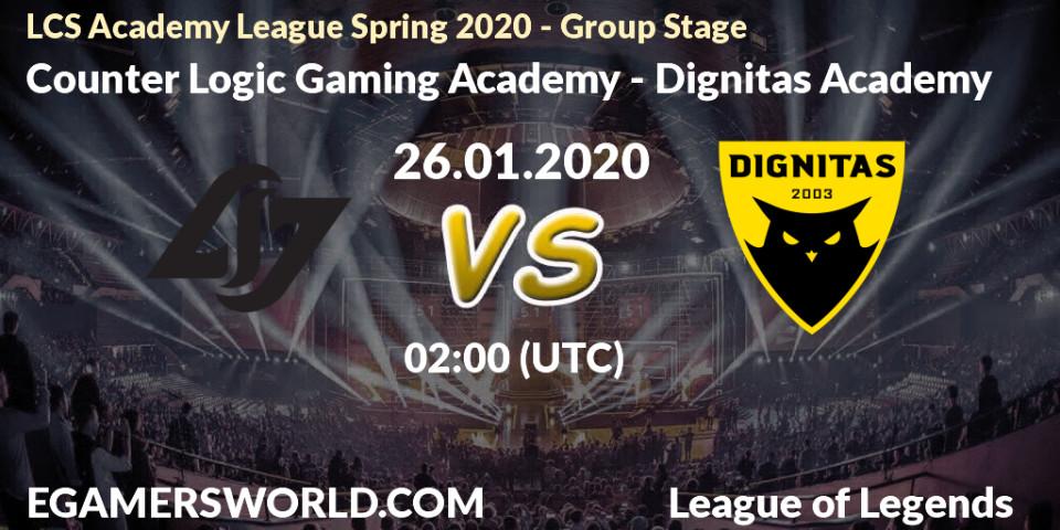 Prognose für das Spiel Counter Logic Gaming Academy VS Dignitas Academy. 27.01.2020 at 00:00. LoL - LCS Academy League Spring 2020 - Group Stage